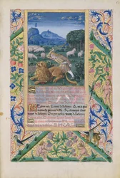 Ms Lat. Q.v.I.126 f.53 Dawid broniący owiec swego ojca przed lwem, z "Księgi godzin Ludwika Orleańskiego", 1469 r.